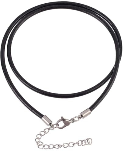 CALFOVERA 10 Collar de Cordón de Cuero Genuino Fino de 3mm, Cadena de Cuerda de Cera de Cuero Auténtico Redonda Negra de 46cm con Cierres de Plata, Extensor de Acero Inoxidable para Hombres Y Mujeres