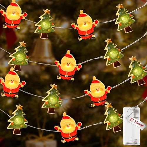btfarm Christmas Fairy Lights Battery Operated Indoor with Timer, Santa Claus String Lights 2 M 20 LED, Xmas Silver Wire Lights Waterproof for Tree Bedroom Party Outdoor Decorations, Warm White