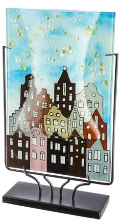 Glas Art Vase Stadtlichter - grau, hellblau, schwarz - Glas - Höhe 45cm handbemalt - Tischvase