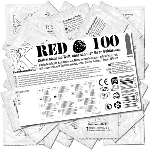 Kondomotheke RED, rote Kondome mit Erdbeer-Aroma, sicher und zuverlässig - für professionelle Ansprüche geeignet - hervorragendes Preis-Leistungsverhältnis, 1 x 100 Stück