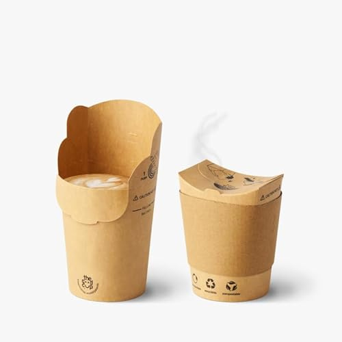 The Good Cup 8oz Disposable Kraft Cup/Sleeve Bundle. Pk 25/50 from Certified Home compostable and Recyclable in The Paper Stream with Integrated lid. Made from FSC Paperboard, No PE/PLA Lining (50)