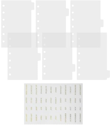Hemobllo Registerblätter für 6 Ring Ordner Transparent A7 mit Goldfolie Aufklebern und 7 Blatt PP Trennblätter für Notizbücher und Planer