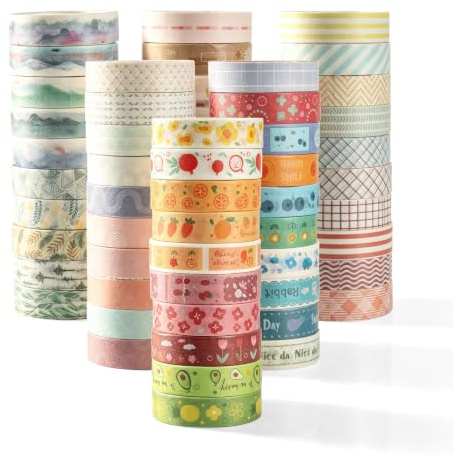 IONEKIUK 60 Rolls Washi Tape Set 10mm Decorative Craft Tape | 60 decorative tapes with assorted patterns, easy tear and clean removal, ideal for journaling, gift wrapping and DIY crafts