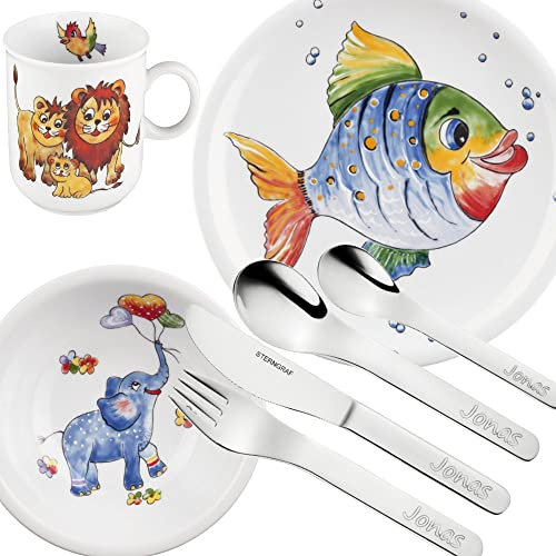 Kinderset Bunte Tierwelt 7tlg. MIT Gravur (z.B. Namen) Puresigns Kinderbesteck mit Namensgravur + Seltmann Weiden Kindergeschirr Tiere