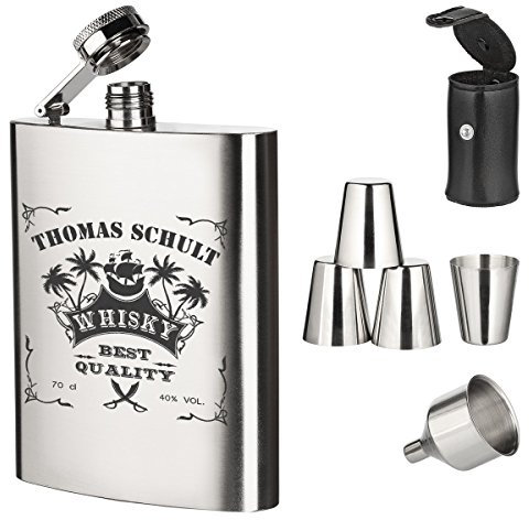 Set da 7 pezzi. Set regalo fiaschetta in acciaio inox con incisione personalizzata – bottiglia da grappa 210 ml con imbuto e 4 bicchieri – motivo nave dei pirati