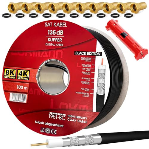 HB-Digital - Cavo antenna satellitare coassiale, in rame, 135 dB, UHD 4K, incluso spelafili e 10 connettori F (dorati)