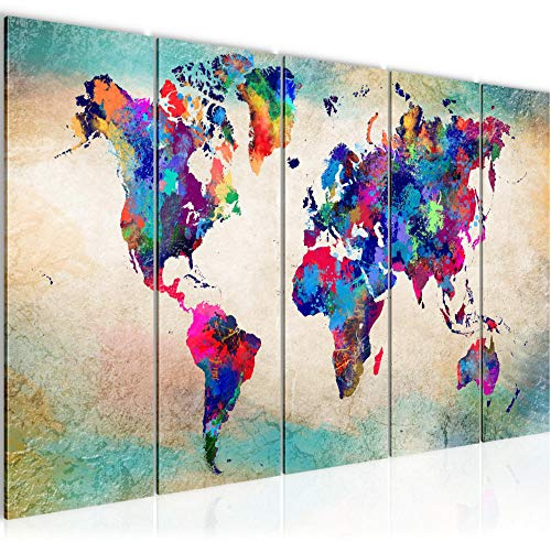 Runa Art Wandbild XXL Weltkarte Büro Wohnzimmer 200 x 80 cm Bunt 5 Teilig - Made in Germany - 013355a