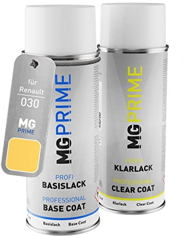 MG PRIME Peinture voiture Bombe aérosol pour Renault 030 Jaune PTT + vernis | Jaune La Poste, Kit peinture de base + vernis, bombes aérosols 400ml