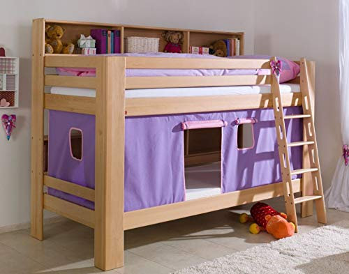 Froschkönig24 Etagenbett JAN Kinderbett Spielbett Bett mit Bücherregal Buche Lila/Rosa, Matratzen Oben/unten:ohne