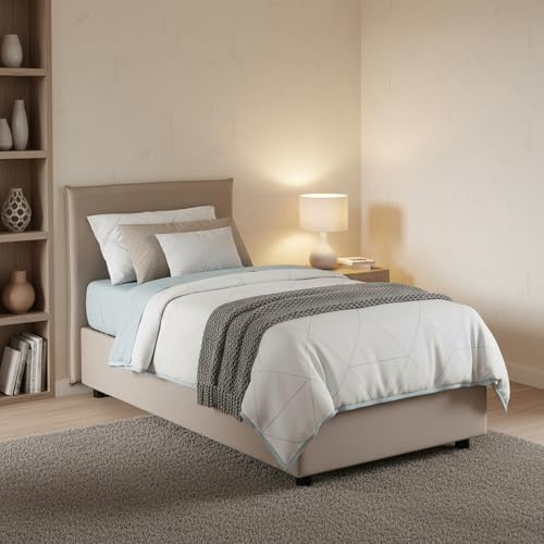 Talamo Italia - Carola Einzelbett, Bettkasten mit Stoffbezug, 100 % Made in Italy, seitliche Öffnung, inklusive Matratze 80x190 cm, Taupe