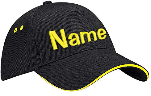 Nashville print factory Ultimate 5-Panel Cap Sandwich Peak Bestickt mit Name/Text Mütze Cappy Basecap (Black/Yellow)