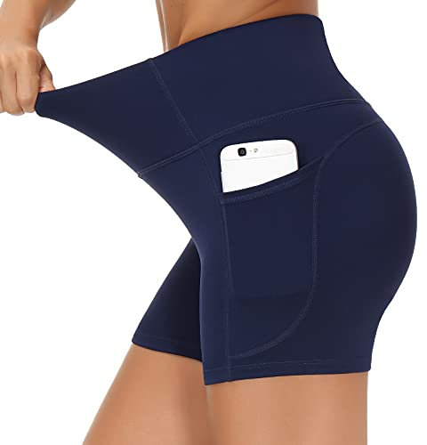 THE GYM PEOPLE Radlerhose Damen Sport Hohe Taille Kurze Leggings Sporthose Blickdicht Laufhose Fitness Workout Yoga Shorts mit Tief Taschen,Blue,M