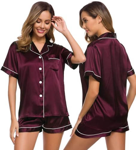 SWOMOG Womens Silk Satin Pyjamas Set Two-Piece Pj Sets Sleepwear Loungewear Button-Down Pj Sets
