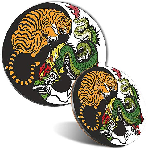 Mouse Mat & Coaster Set - Yin Yang Tiger Dragon Chinese Karate 20 cm & 9 cm for Computer & Laptop, Office, Non-slip Base #4741