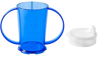 NuHorizons Healthcare Products Two Handled Graduated Beakers with Lids - Pack of 2-200ml Adult Feeder Cup - Drinking Aid (Colour Blue, Narrow Spouted Lid)