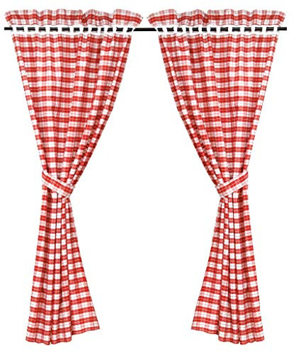 HeichkelL 2 Stück Karo-Muster Gardinenschals Karierte Gardinen Landhausstil Blickdichte Küche Vorhänge mit Tunnelzug 2 Raffhalter Rot BxH 80x145 cm
