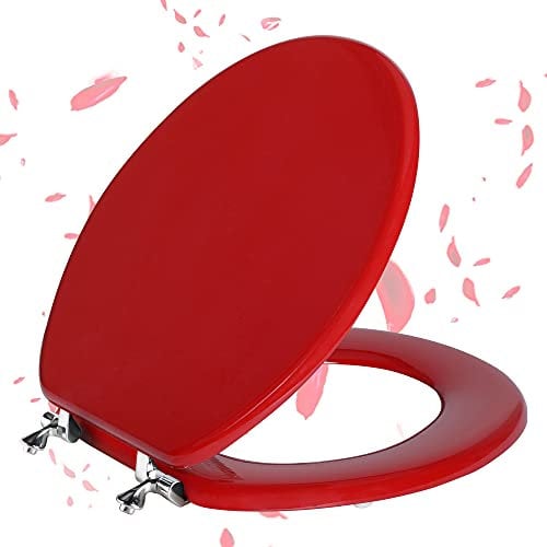 Angol Shiold Red Round Toilet Seat - Natural Wood with Zinc Alloy Hinges, Easy to Install and Clean, Scratch Resistant
