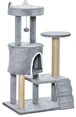 PawHut Kratzbaum mit Katzenhöhle Leiter Katzenbaum Höhe 100 cm Kletterbaum für Katzen Spanplatte Jute Grau 60 x 40 x 100 cm
