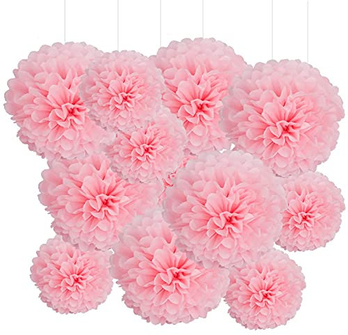 GAKA FAVOR Pink Tissue Hanging Paper Pom Poms & Flower Balls Wedding & Birthday Party Decoration (6pcs 12in & 6pcs 10in)