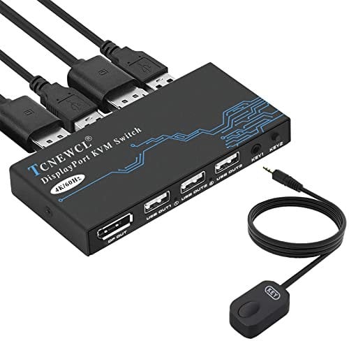 TCNEWCL DisplayPort KVM Switch 4K@60Hz 2 Port DP KVM Switch for 2 Computer 1 Monitor and Keyboard Mouse Printer, Included 2 DP Cables and 2 USB Cables