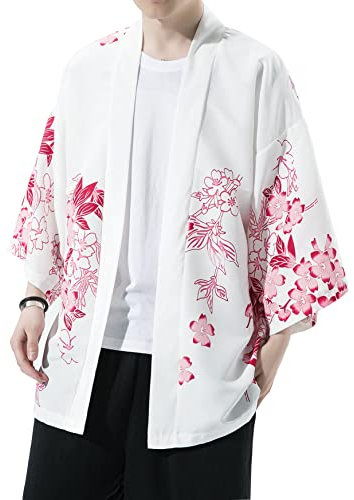 PRIJOUHE Kimono da uomo giacca ampia vestibilità stile giapponese manica a 3/4 aperto davanti Kimono cardigan cappotto top, Rosa-39, XL