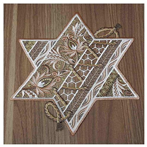 DSD Design-Studio Drechsler Winter-Tischdecke Sternentraum Plauener Spitze modernes Deckchen Stern mit Ornamenten Tischdeko Weihnachten beige-Gold