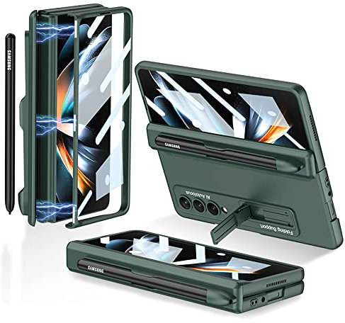 CeeEee Samsung Galaxy Z Fold 4 5g Coque Béquille 360 Degrés Etui Verre Trempé Protection d'écran Housse avec Pen Fente Stylet et Charnière Intégrale Protection, Vert