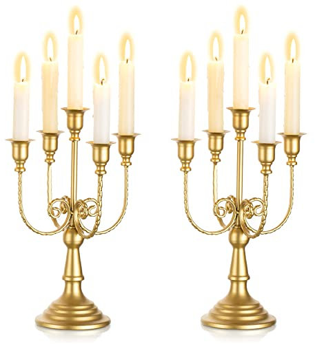 Sziqiqi Kandelaber-Kerzenhalter Aus Metall, 2er-Set Goldene Kerzenhalter, 5-armige Konische Kerzenständer für Hochzeit Geburtstag Esstisch Tafelaufsätze Weihnachtliche Kamindekoration, 29,5cm Hoch