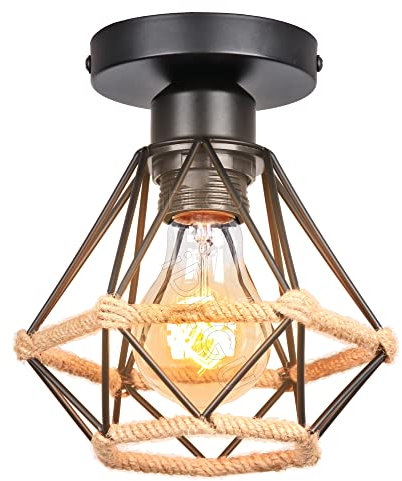 iDEGU Lámpara de Techo Vintage 16CM E27 Iluminación de Techo Industrial de Metal con Cuerda de Cáñamo Retro Diseño Jaula Negro Lámpara Colgante para Dormitorio Café Salón Pasillo