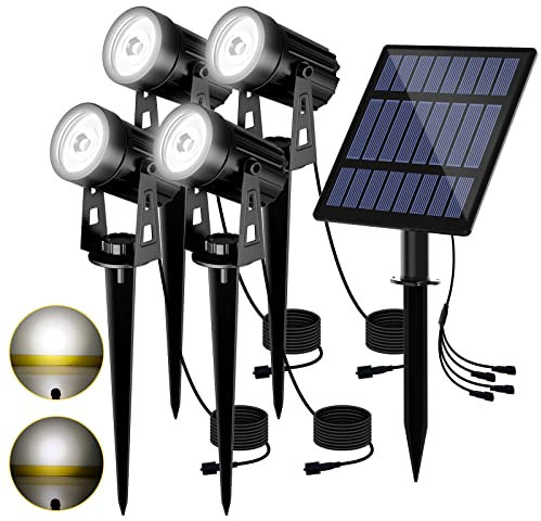 T-SUN Gartenstrahler Solar, 4 Stück Solarstrahler Solarlampen für garten, IP65 Wasserdicht LED Solarlampe mit 2 Helligkeitsstufe, 3 Meter Kabe für Bäume,Sträucher,Gartenweg (Kaltweiß 6000K)