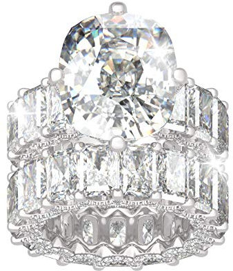 Jeulia Sterling Sterling Ewigkeit Ring: Damen 12.15 ct Kissenschliff Iced Out Zirkonia Hochzeit Verlobung Ringe Band Set Anniversary Jahrestag Schmuck Geschenk für Frauen (63（20.2）, Silber)