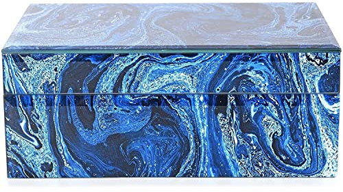 TJC Marble Glass Jewellery Storage Box with Inside Mirror, 7 Ring Rows, 4 Necklace Hook with Pouch & 4 Sections Jewellery Box Organizer Display Case for Rings, Earring, Necklaces Blue Lapis
