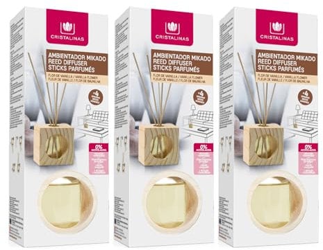 CRISTALINAS | Pack 3 Ambientador Hogar Mikado Cubo de Madera | Aroma Vainilla | 100% Puro | Larga Duración 4 Semanas | 3x30ml | 0% Alcohol
