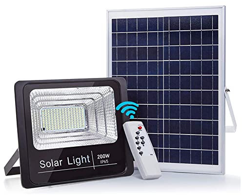 Foco Solar LED 200W con Panel Solar, Focos solares exterior regulable y Control Remoto, Autonomía de más de 10H, Luz Blanca para Iluminación Exterior en Jardines