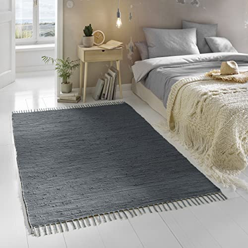 TacaHome Flicken-Teppich 100% Baumwolle I Waschbarer Fleckerl mit Fransen I Esszimmer Küche Badezimmer Wohnzimmer Kinderzimmer | 90 x 160 cm Anthrazit