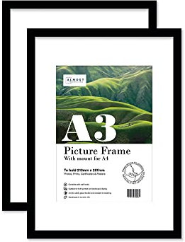 Almost Frameless A3 Black Picture Frame Set of 2, Display A4 Pictures with Mount or A5 Without Mount Gallery Wall, Poster, Photo, Artwork, or Print, Black