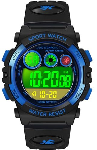 Dayllon Kinderuhr Digital Outdoor Sport Wasserdicht Jungen Uhren 12/24H Alarm 7 Bunte Hintergrundbeleuchtung Stoppuhr Armbandu