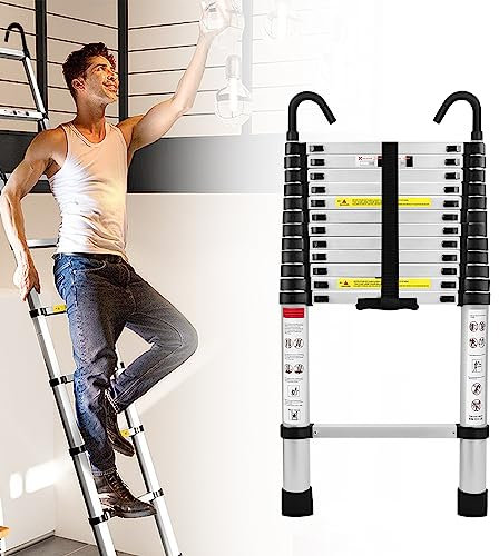 JOIEYOU Teleskopleiter, Aluminium Leiter, Klappleiter, Trittleiter, Ausziehbare Stehleiter, Mehrzweckleiter mit 2 Abnehmbarem Haken, 3.8M, 150 kg Belastbarkeit