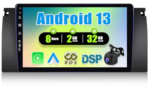 8Core 2G+32G CAMECHO Android 13 Autoradio für BMW 5 E39 E53 M5 X5 (1996-2007) mit Carplay Android Auto Navi 5G WiFi/SIM,9 Zoll Bildschirm mit Bluetooth Mirror Link DSP FM/RDS+Rückfahrkamera