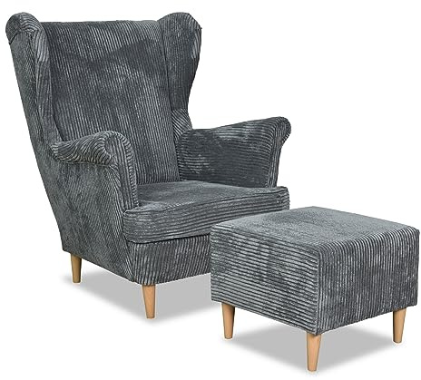 Family Meble Ohrensessel Cord mit Hocker, Modell Bonito, Skandinavisch, Relaxsessel aus Webstoff, Loungesessel, Sessel mit Fußstütze, Bequemer Sessel, Für Wohnzimmer, Esszimmer, Schlafzimmer, Grau