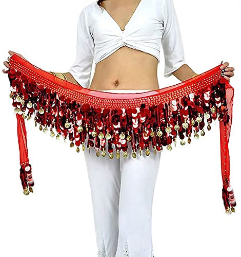 Rubruan Bauchtanz Hüfttuch Taillenkette Gürtel – Professionelles Tanzkostüm Sexy Tanzkleid Rock Outfit Zubehör mit 88 Münzen Pailletten Hüftschal für Damen Mädchen Doppellagig – 160 cm