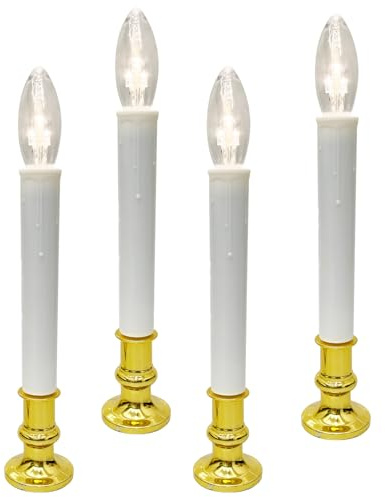 4 Pack Battery Operated LED Window Candles with Timer, Christmas Window Candles Lights with 3V Ultra-Bright LED Clear Bulbs for Indoor Windows Mantels Christmas Decor, 4 Suction Cups- Polished Brass