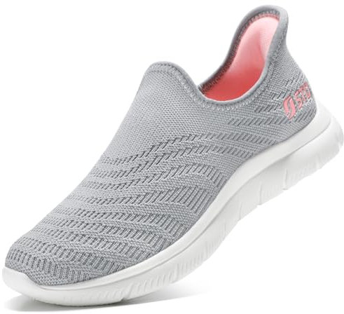 STQ Zapatillas Mujer Deportivas Non Slip Ligero Sin Cordones Tenis Exterior y Interior Sneakers Zapatos Running Gris Rosa 41 EU/9.5 US