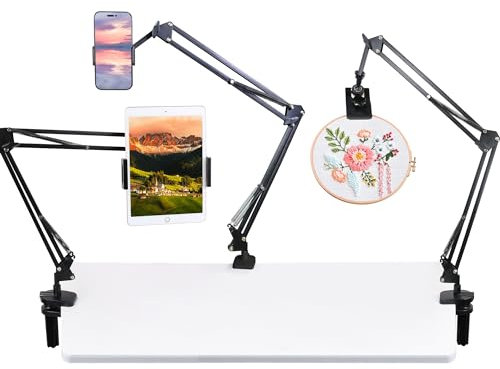 Schwanenhals Tablet Halterung mit Stickrahmen Clip – Verstellbarer Arm Handyhalter für 4,5–13 Zoll Geräte, Flexibler iPad Halter für Bett, Schreibtisch, Küche, Stickerei & Lesen