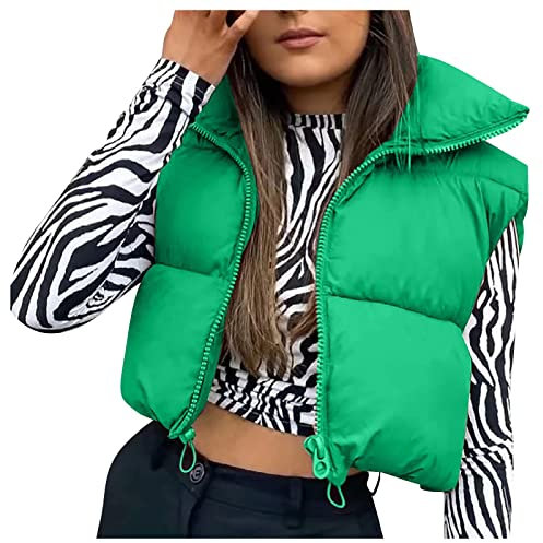 Azruma Motorradjacke Damen Skijacke Mädchen Dünne Regenjacke Damen Frauen Einfarbig Gesteppt Stehkragen Reißverschluss Weste Ohne Kapuze Kurzmantel Schwarz (Grün, XL)