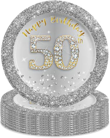 MORAINJAY 16 platos de papel de cumpleaños plateados con purpurina de 7 pulgadas para fiesta 50, platos de postre redondos pequeños, biodegradables, desechables