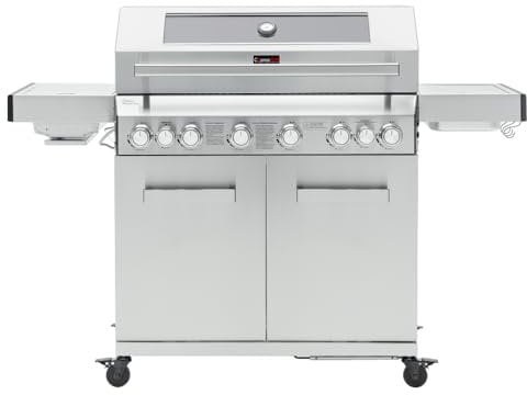 CosmoGrill 8 Burner Stainless Steel Yamara 6+2 Gas BBQ, Viewing Glass, 6 Main Burners, 1 Ceramic Sear Zone, 1 Back Grill, Cast Iron Grills & Bamboo Storage (Silver)