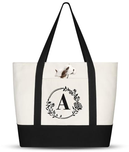 Aucuu Sac Fourre-Tout en Toile, Sac Tote Bag Personnalisé avec Initiale Fleur, Parfait pour Vacances Plage Voyage Anniversaire