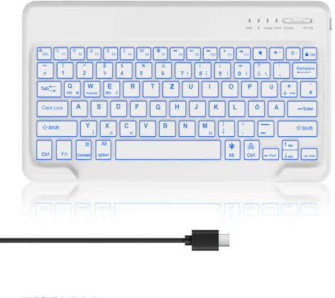 Bluetooth Tastatur mit Beleuchtete für iPad Air 13/Pro 12.9, QWERTZ Layout | Kabellose Tablet Tastatur für iOS/Android/Windows, Wiederaufladbar Ultradünn Bluetooth Keyboard, Weiß