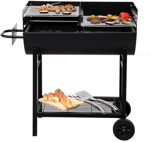 Charcoal Barbecue Grill with Trolley, Panana, Black (Half Open Oil Drum Barrel Grill)